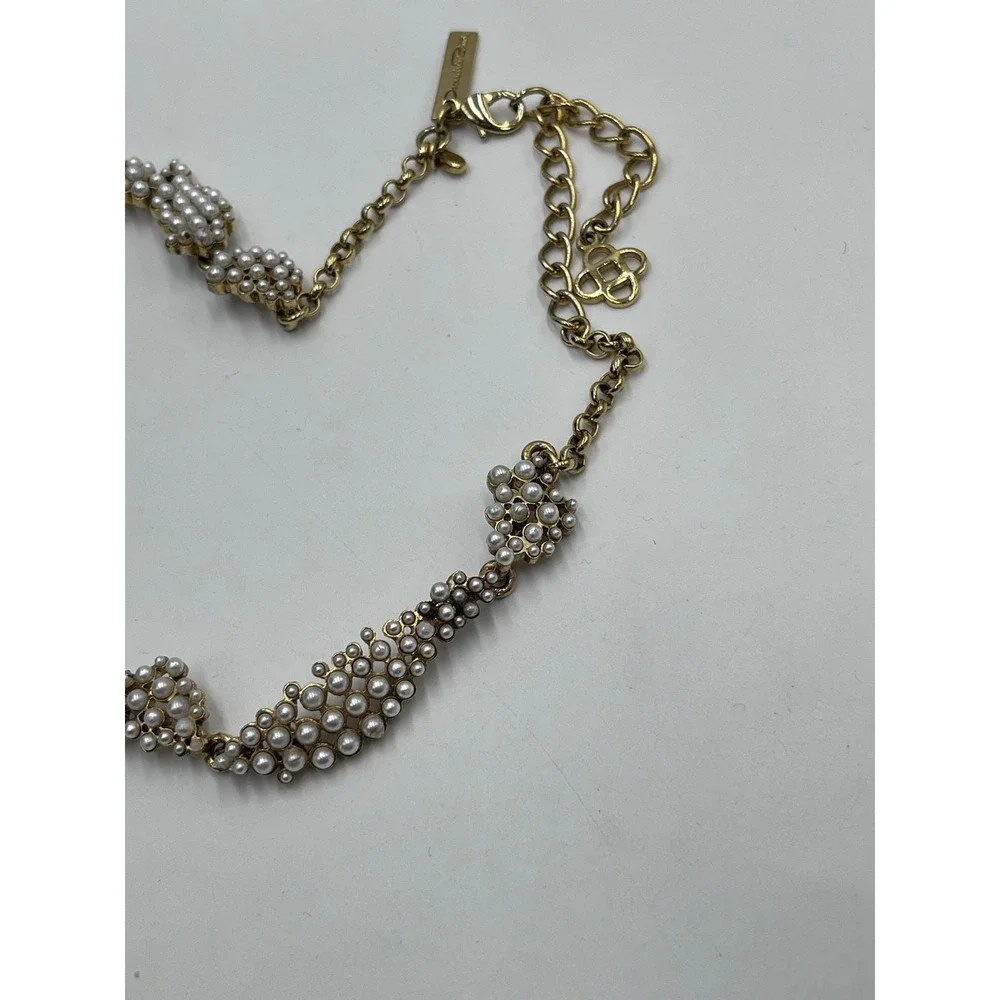 Oscar de la Renta Crystal Torn Paper Pearl Glamour Antique Gold Tone Necklace - Picture 9 of 12